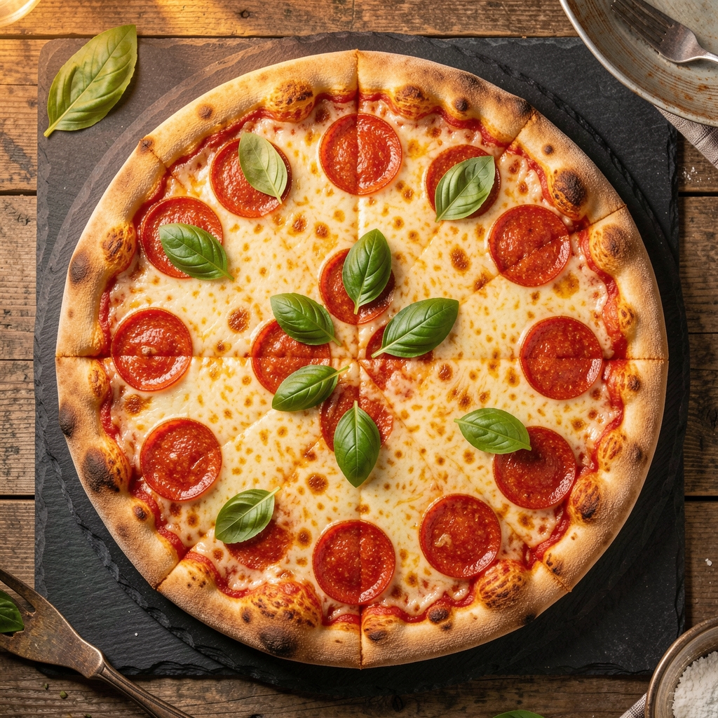 Whole pepperoni pizza on a dark slate board with golden bubbling cheese