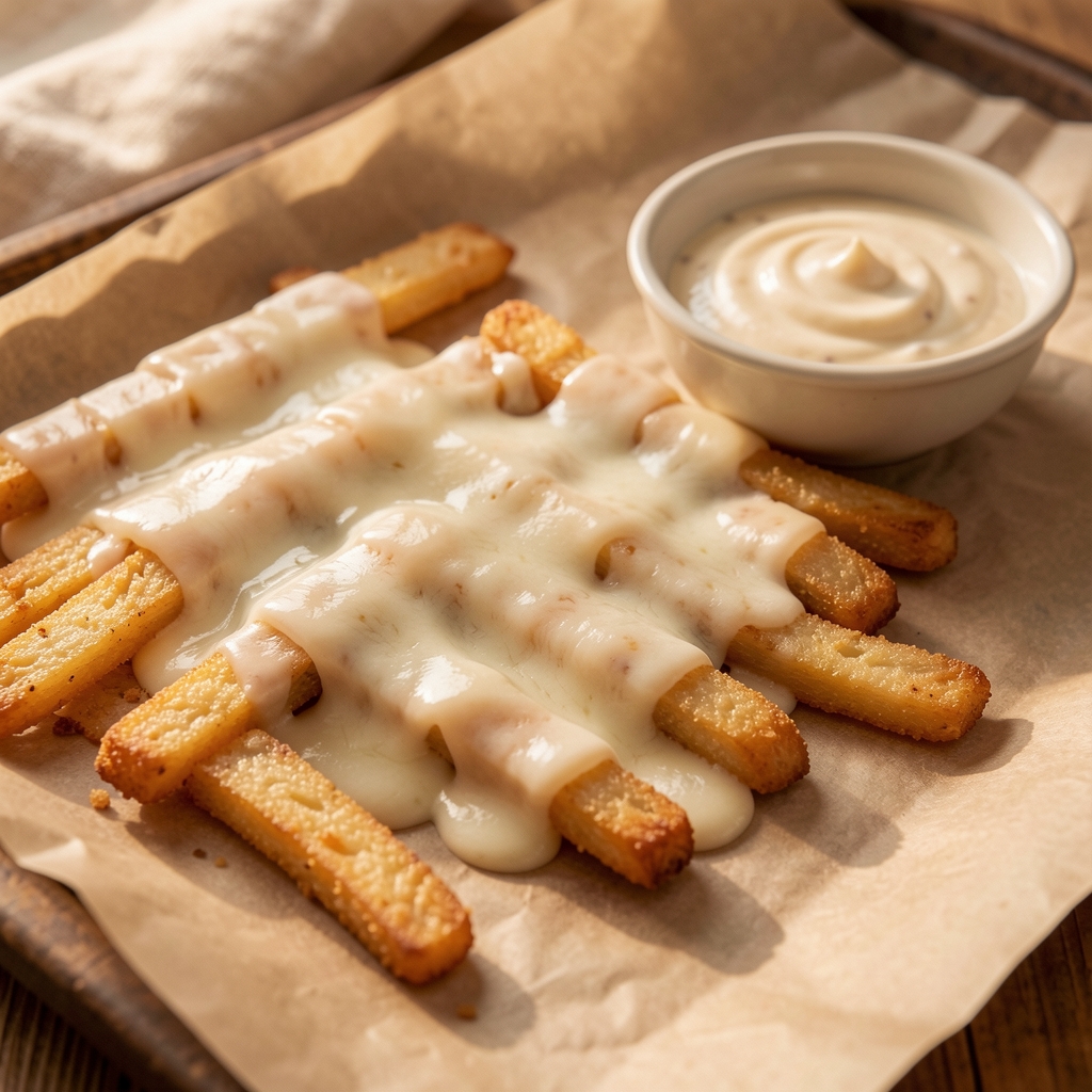 Golden garlic fingers with melted mozzarella and donair sauce