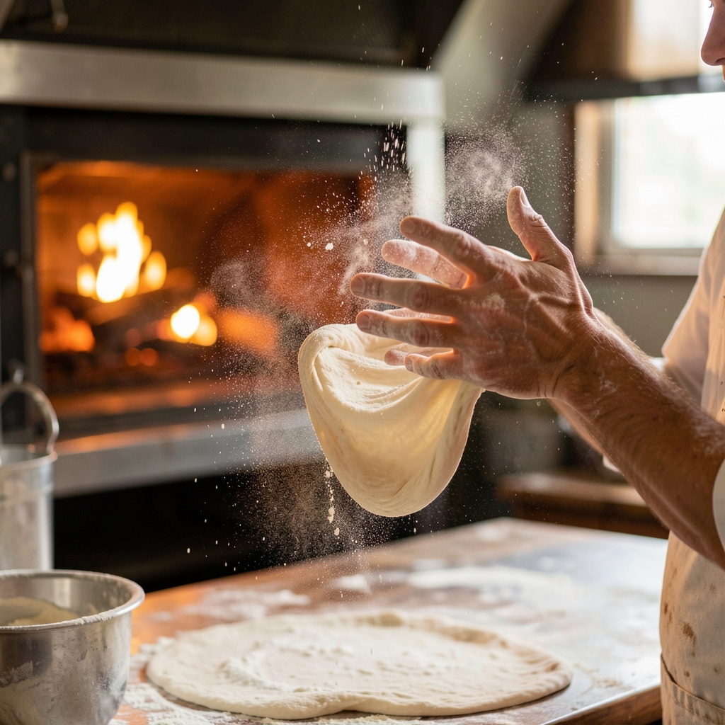 Pizza maker stretching fresh dough in warm kitchen light