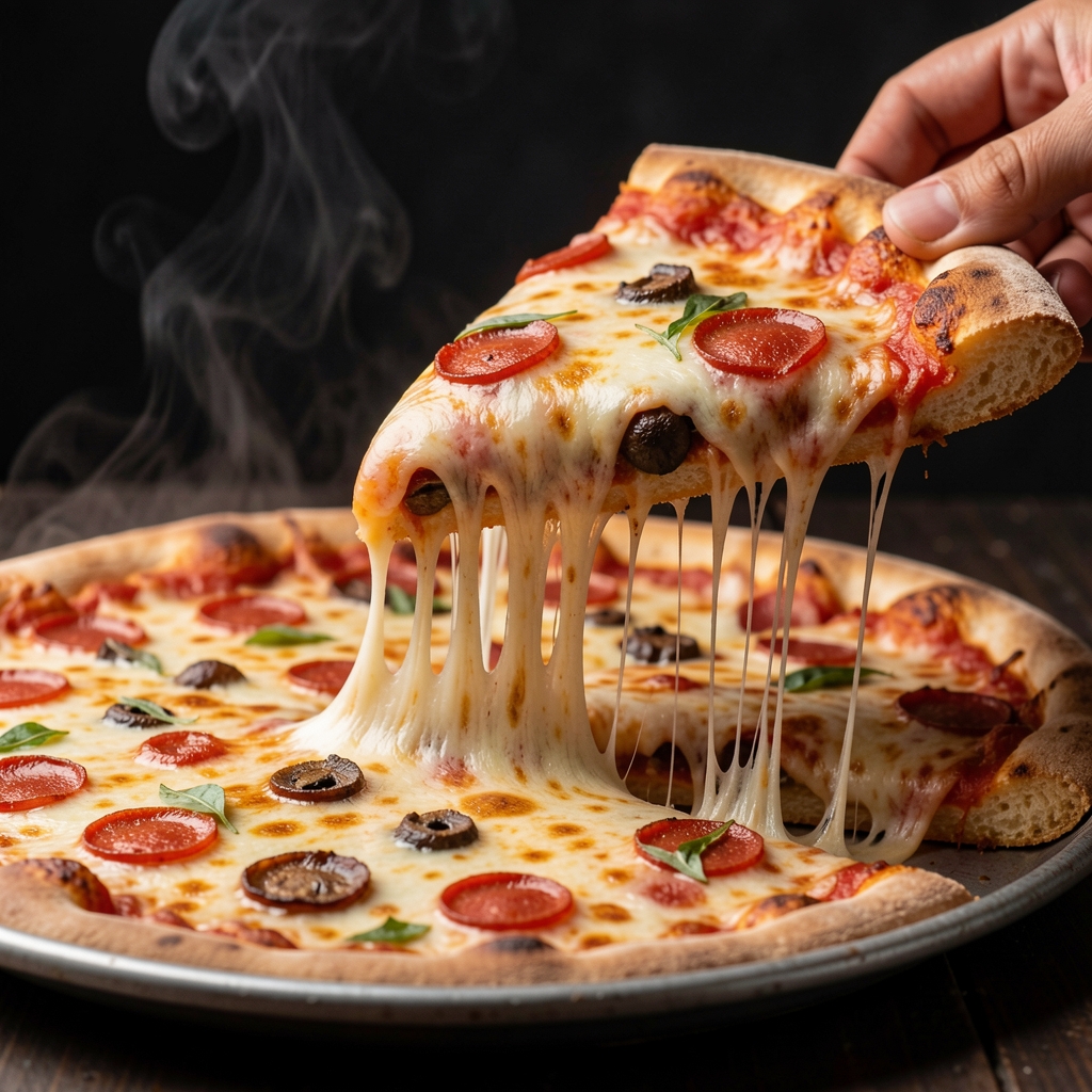 Loaded deluxe pizza slice with long cheese stretch